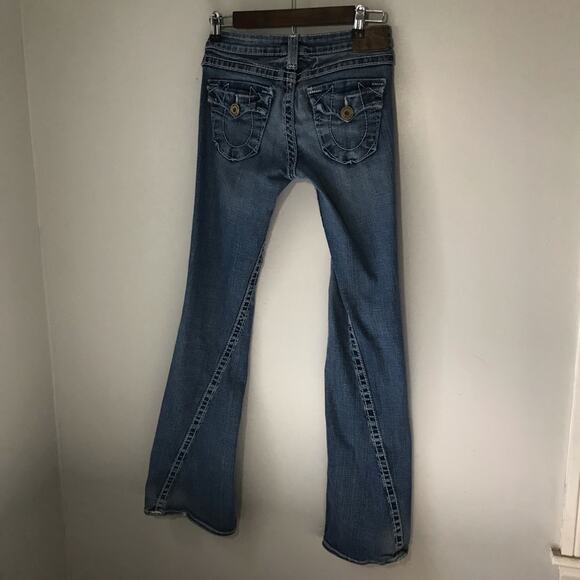True Religion VTG Joey Big T twisted flare denim jeans womens 28 white stitching - Picture 2 of 14